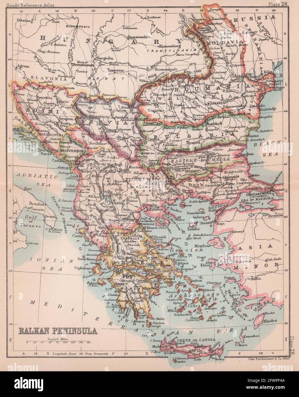 Balkanhalbinsel. Griechenland Türkei in Europa Rumänien. BARTHOLOMEW 1893 alte Karte Stockfoto Balkanhalbinsel. Griechenland Türkei in Europa Rumänien. BARTHOLOMEW 1893 alte Karte Stockfoto