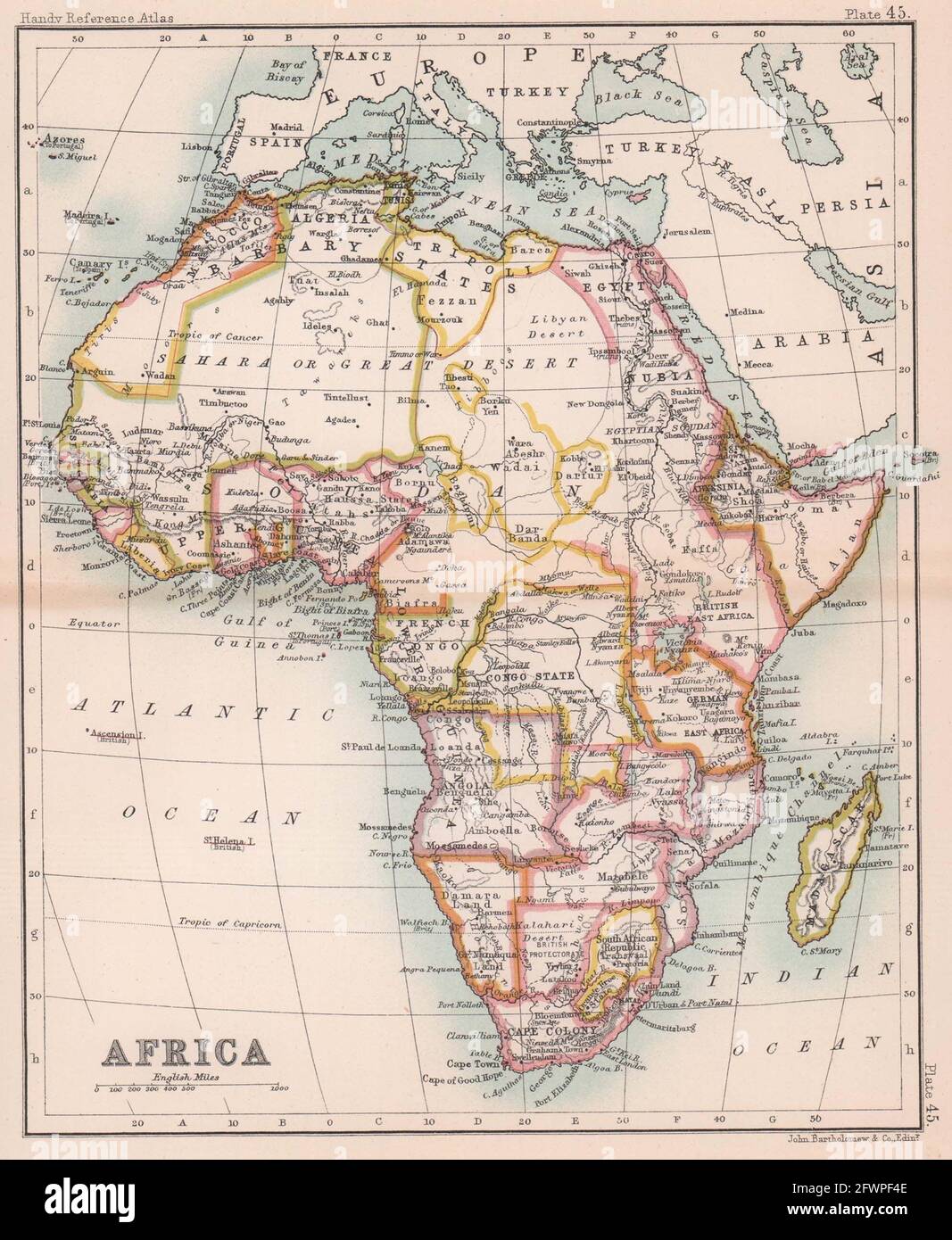 Koloniales Afrika. Antike Landkarte. BARTHOLOMEW 1893 alte Plankarte Stockfoto