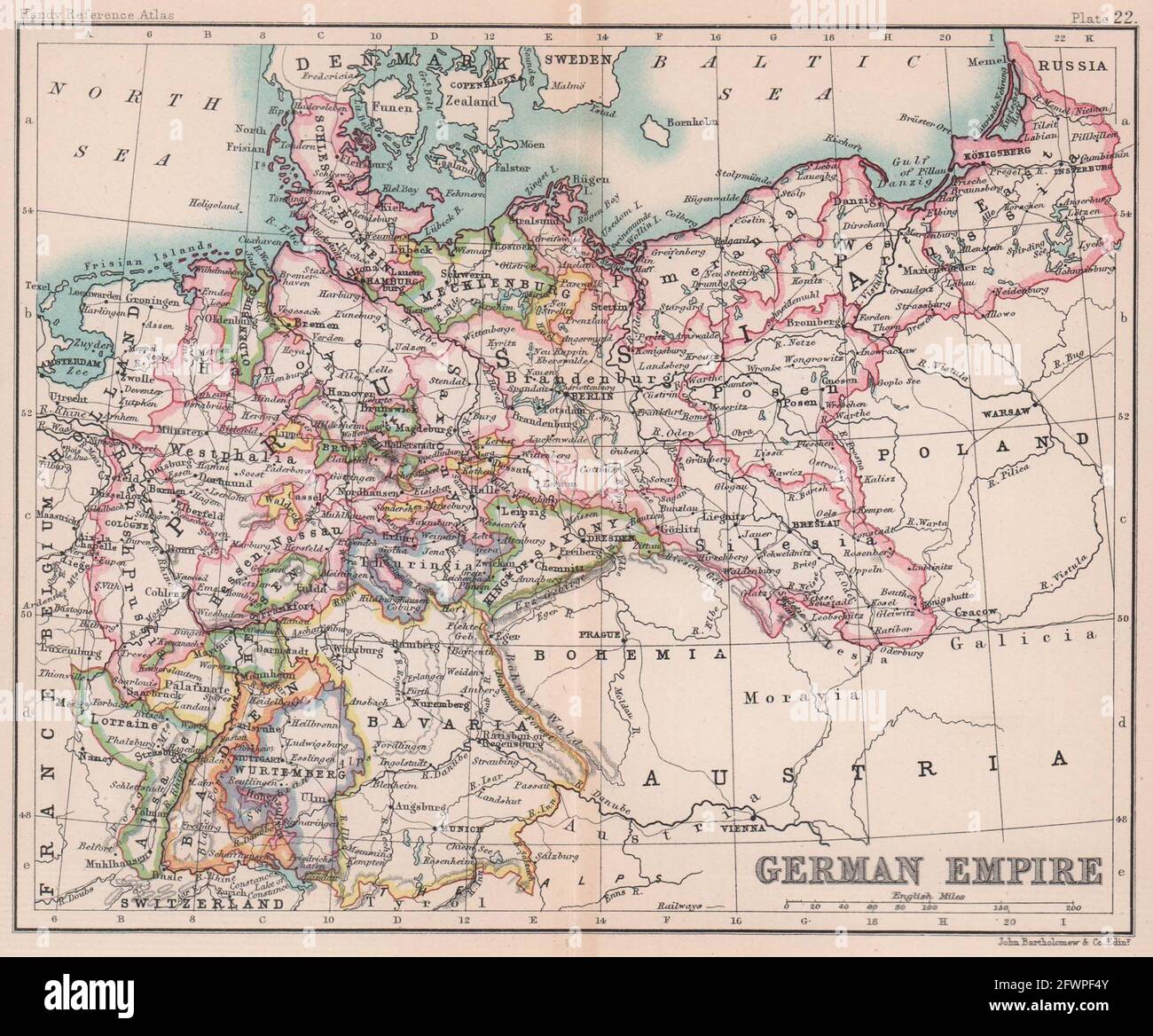 Deutsches Reich. Deutschland Preußen Polen. BARTHOLOMEW 1893 alte antike Kartenkarte Stockfoto