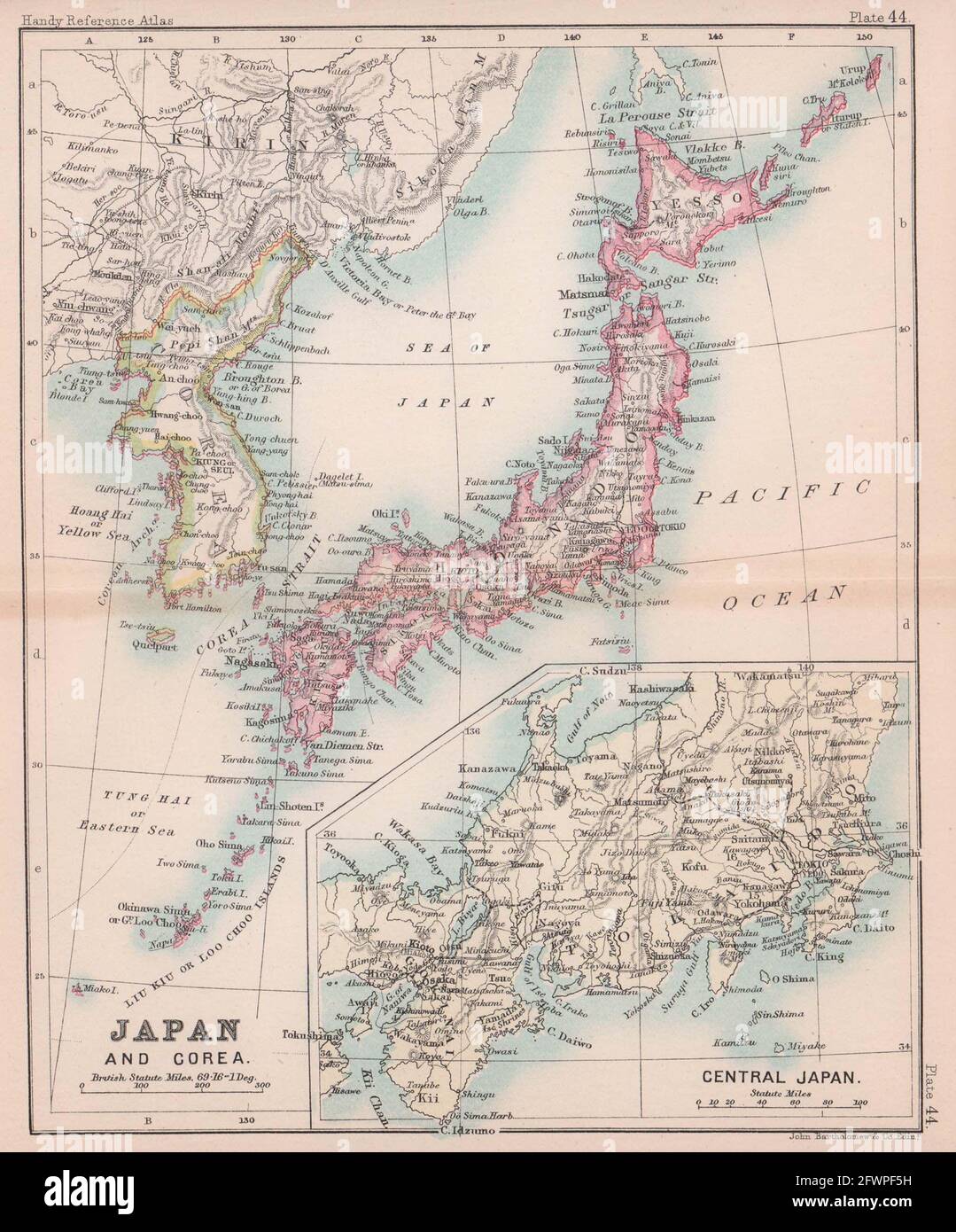 Japan & Corea antike Landkarte. BARTHOLOMEW 1893 alten Vintage Plan Chart Stockfoto