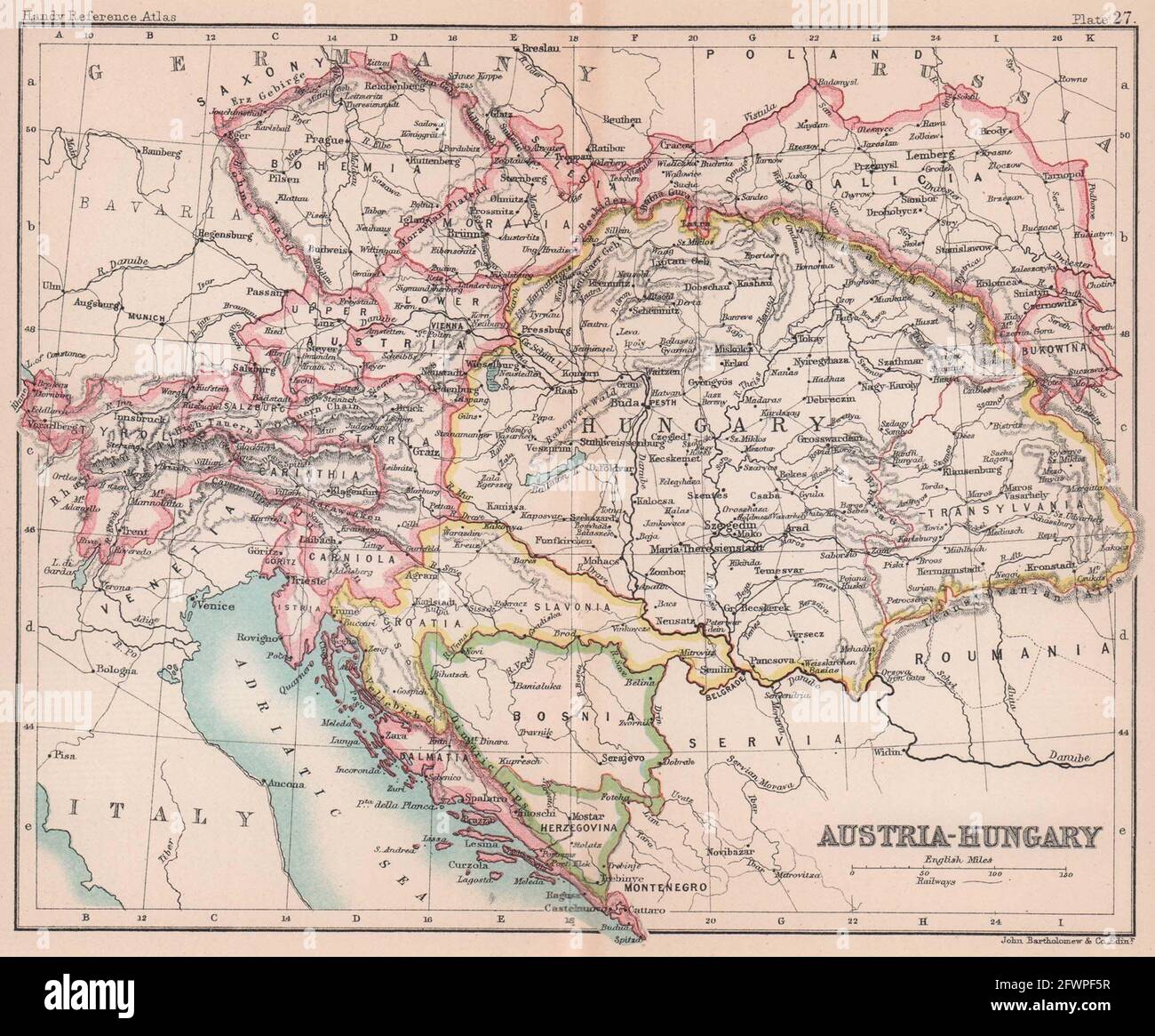 Österreich-Ungarn. Dalmatien Galizien Böhmen. BARTHOLOMEW 1893 alte antike Landkarte Stockfoto