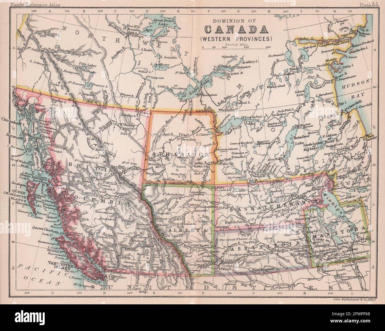 Westliche Provinzen Kanadas. British Columbia. Alberta. BARTHOLOMEW 1893 alte Karte Stockfoto
