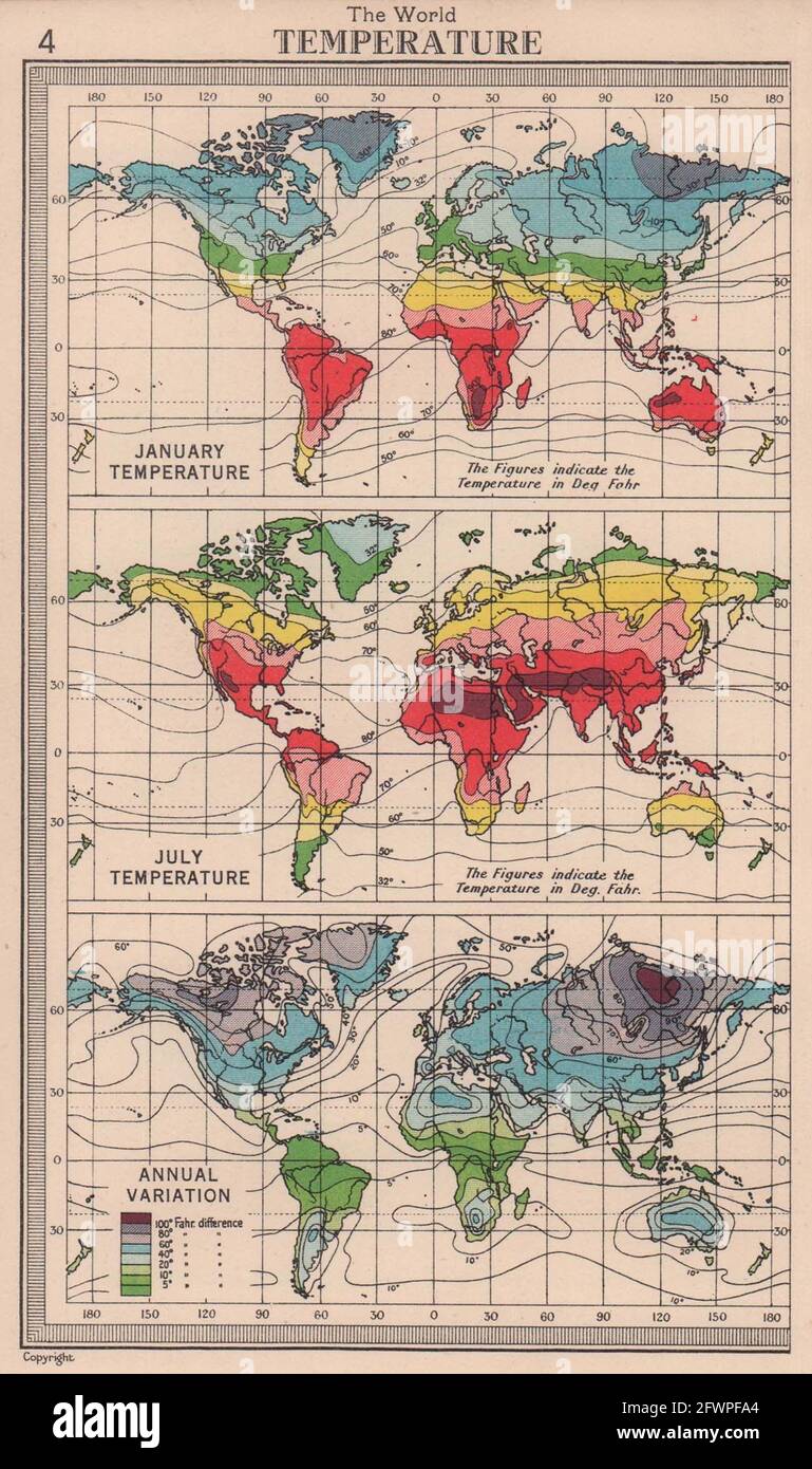 Welt - Temperatur. Januar, Juli & Variation. BARTHOLOMEW 1949 alte Karte Stockfoto