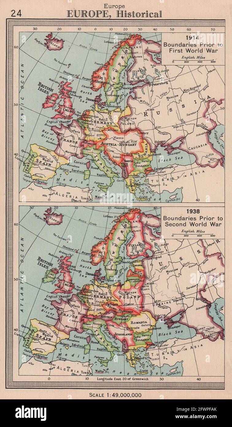 Europa grenzt 1914 und 1938 an die Grenzen Europas. BARTHOLOMEW 1949 alte Vintage Map Plan Chart Stockfoto