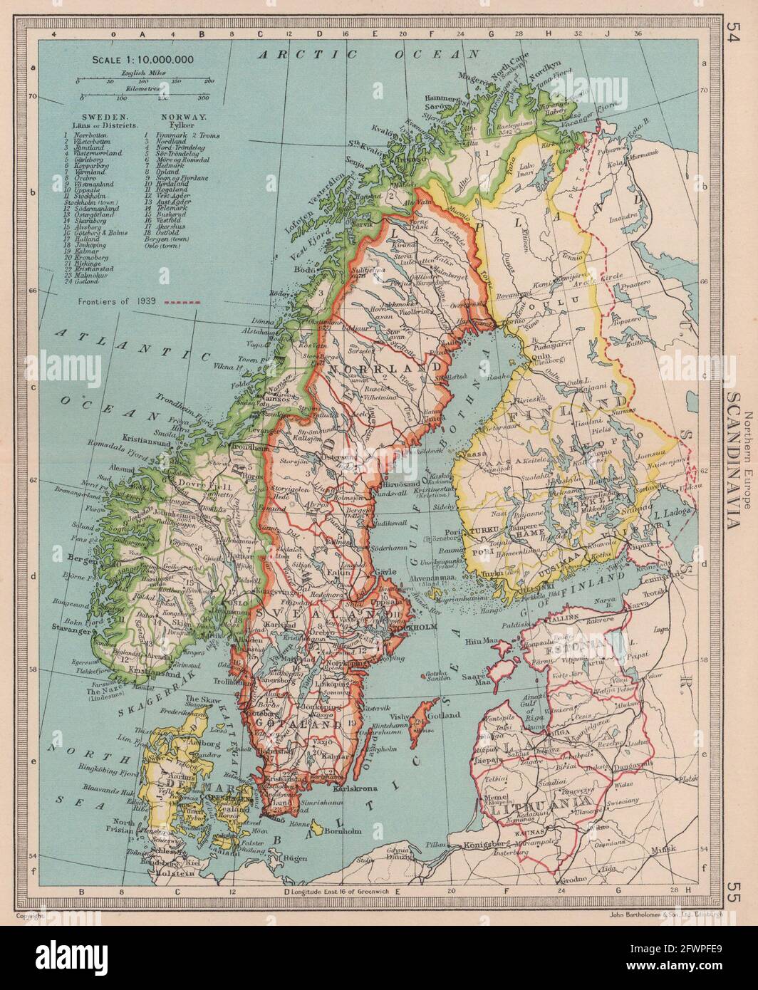 Skandinavien. Nordische Länder. Schweden Norwegen Finnland 1939 Grenzen. BARTHOLOMEW 1949-Karte 