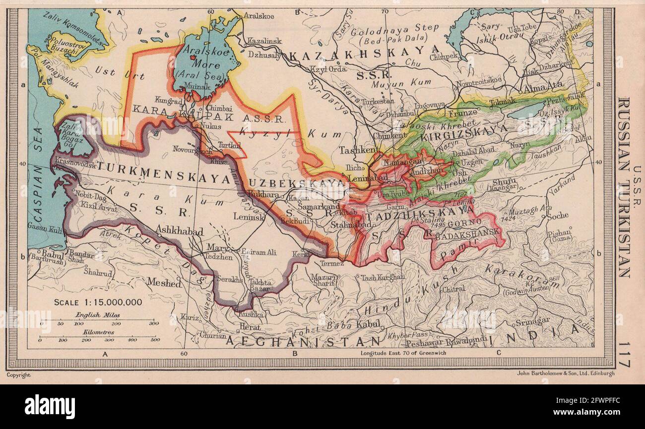 UdSSR Russisch Turkistan Zentralasien Turkmenistan Usbekistan BARTHOLOMEW 1949 Karte Stockfoto