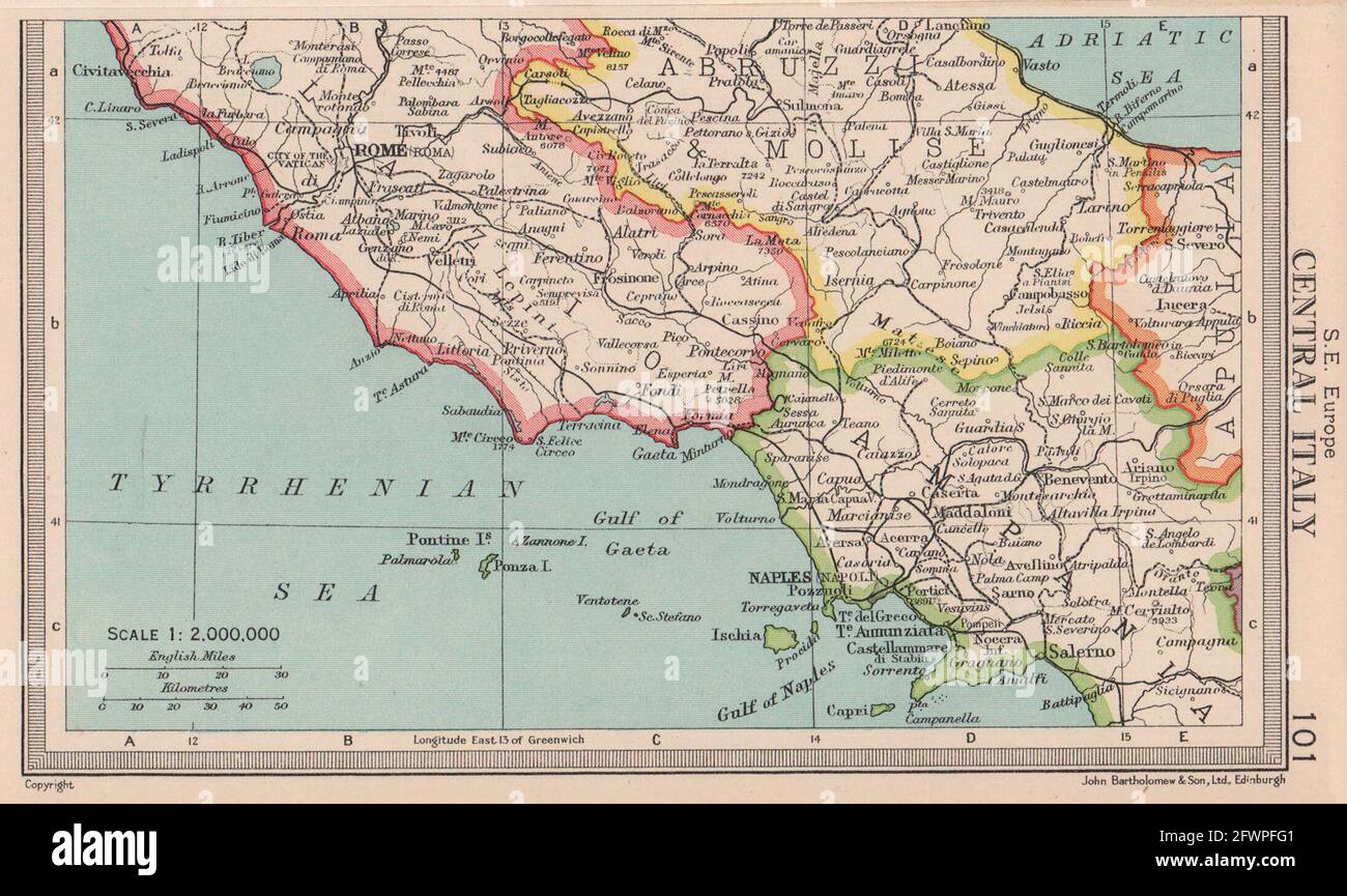 Mittelitalien. Lazio Kampanien Abruzzi & Molise. BARTHOLOMEW 1949 alte Karte Stockfoto