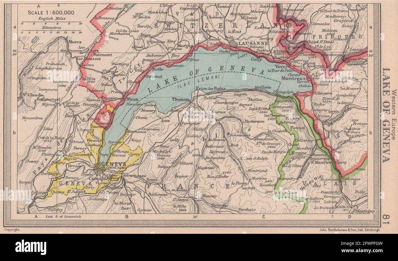 Genfersee. Lac Leman. Schweiz. BARTHOLOMEW 1949 alte Jahrgangskarte Stockfoto