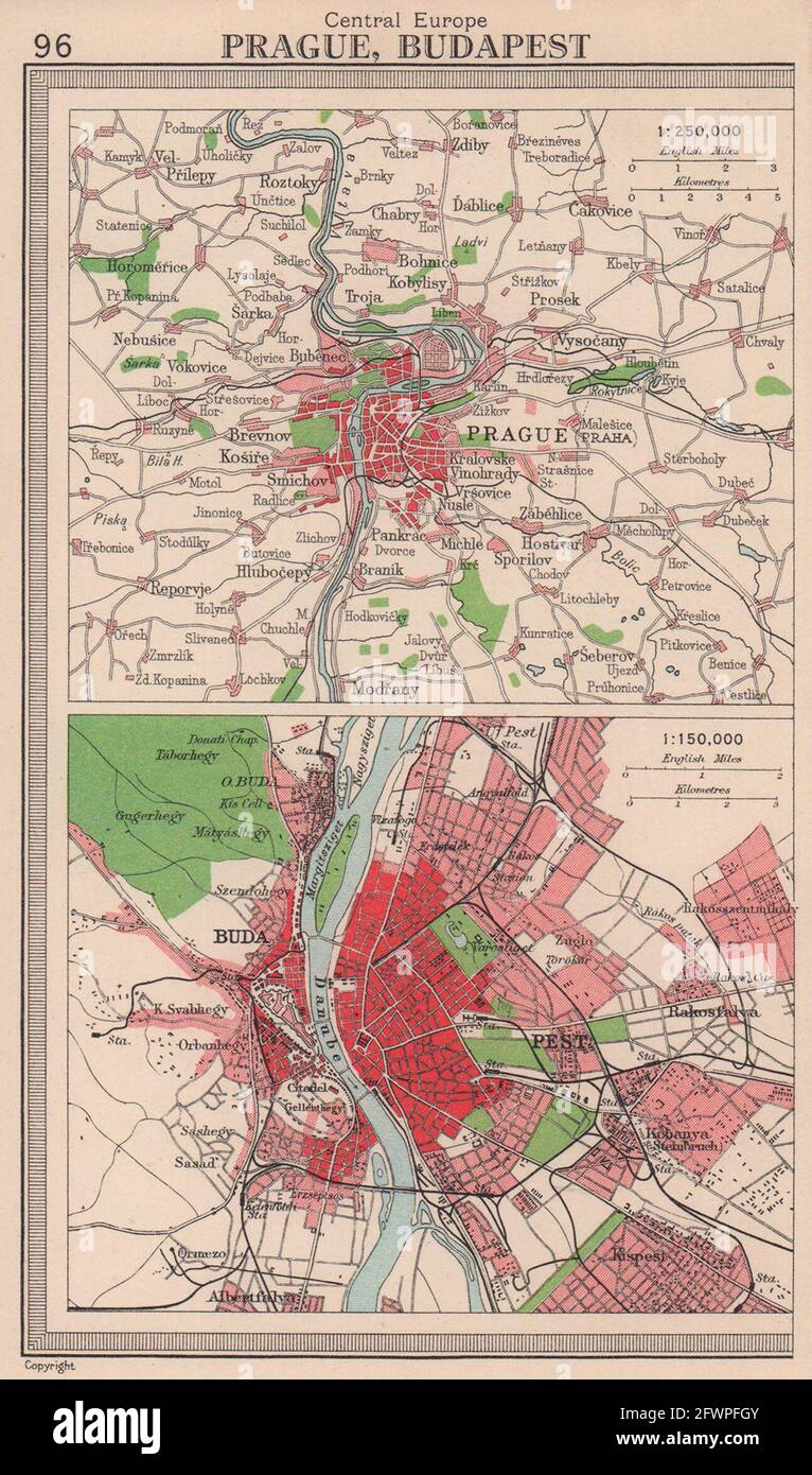 Pläne für Prag und Budapest. Tschechien Ungarn. BARTHOLOMEW 1949 alte Jahrgangskarte Stockfoto
