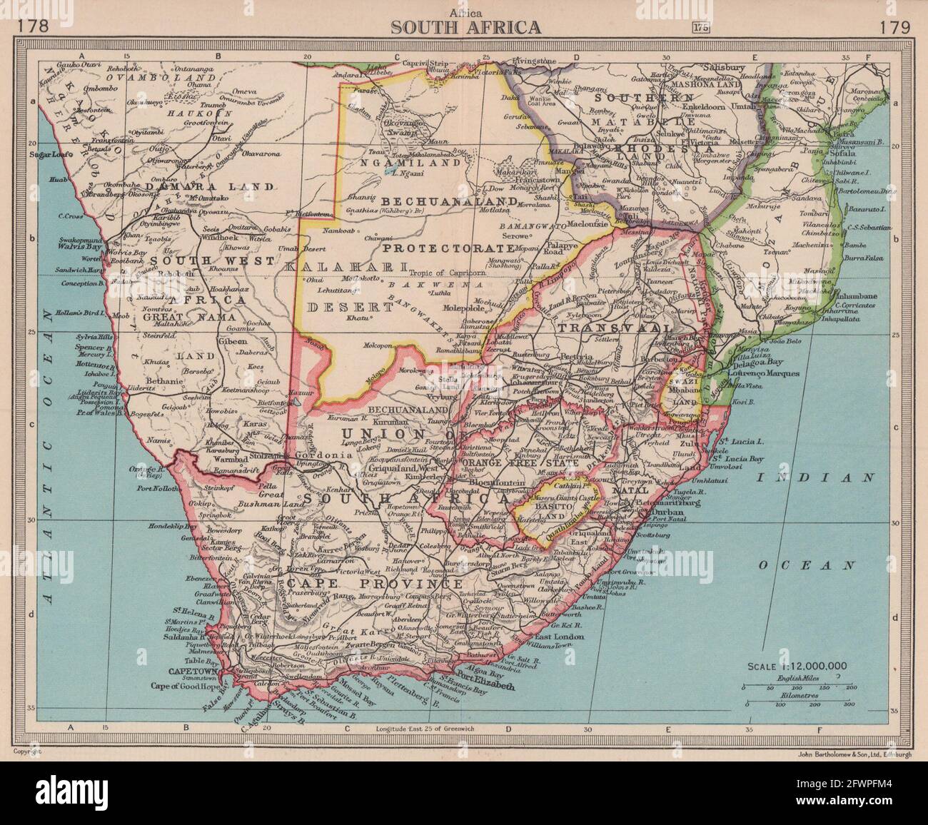 Südafrika Und Bechuanaland Protectorate. Botswana. BARTHOLOMEW 1949 alte Karte Stockfoto