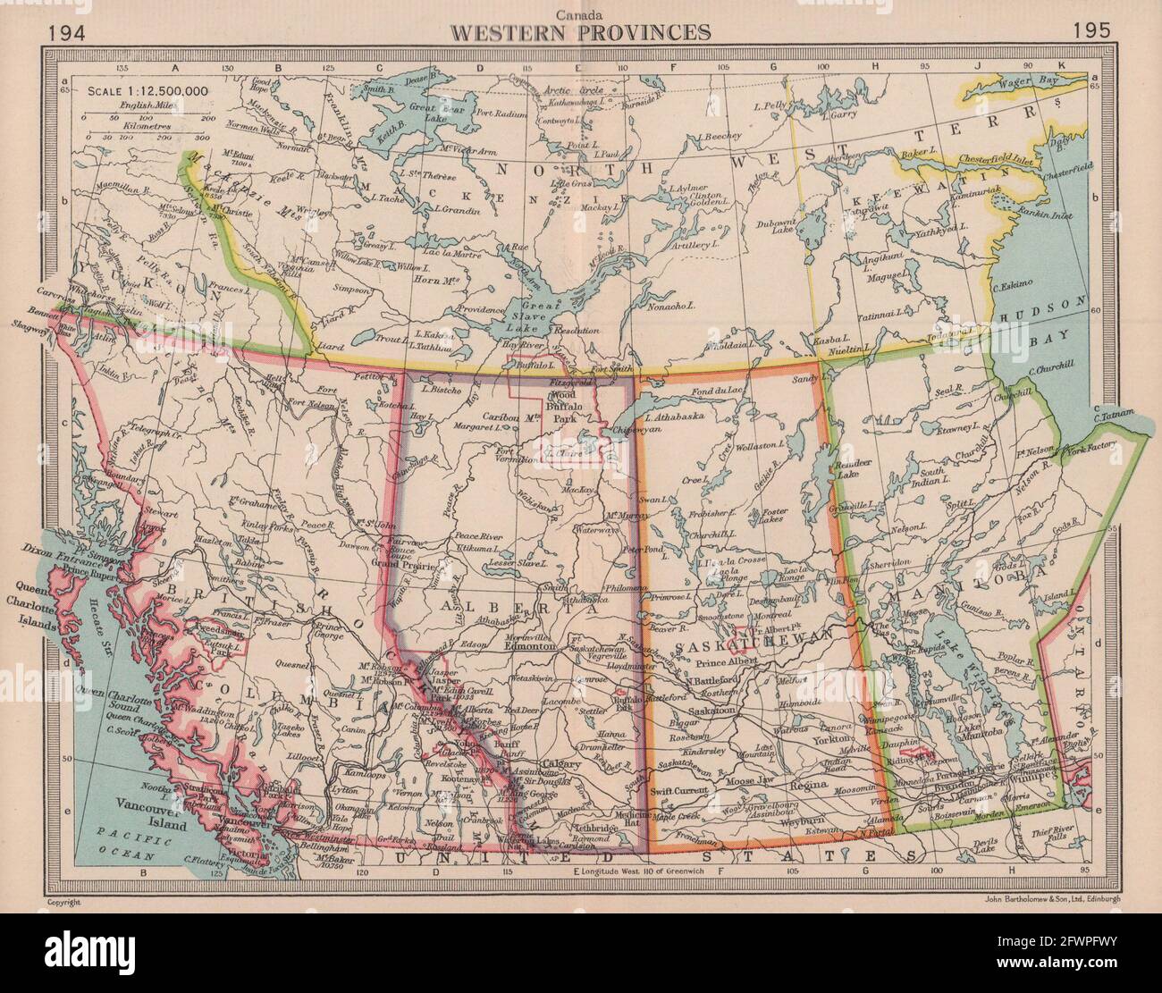 Westliche Provinzen Kanadas. British Columbia Alberta SK MB. BARTHOLOMEW 1949-Karte Stockfoto