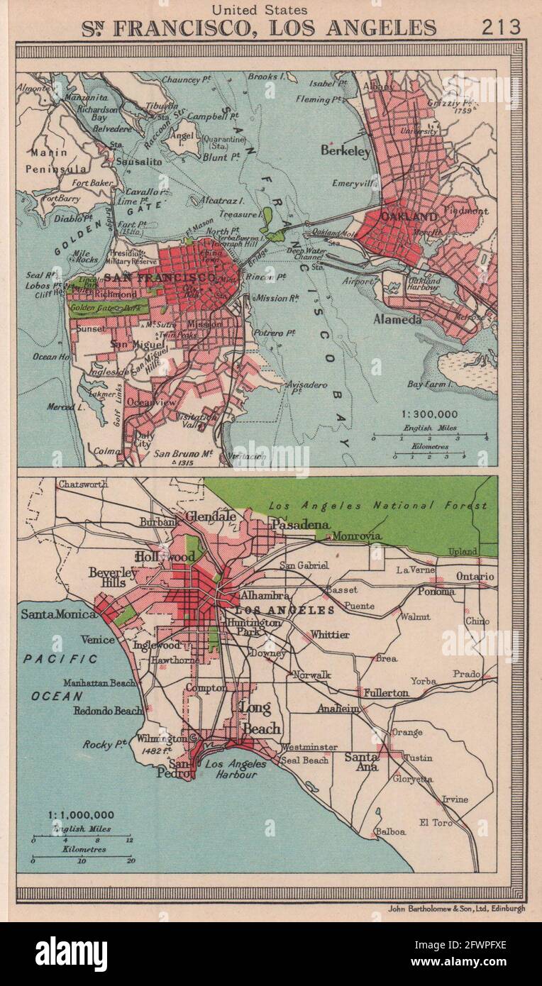 Kalifornische Städte. San Francisco Und Los Angeles. BARTHOLOMEW 1949 alte Karte Stockfoto
