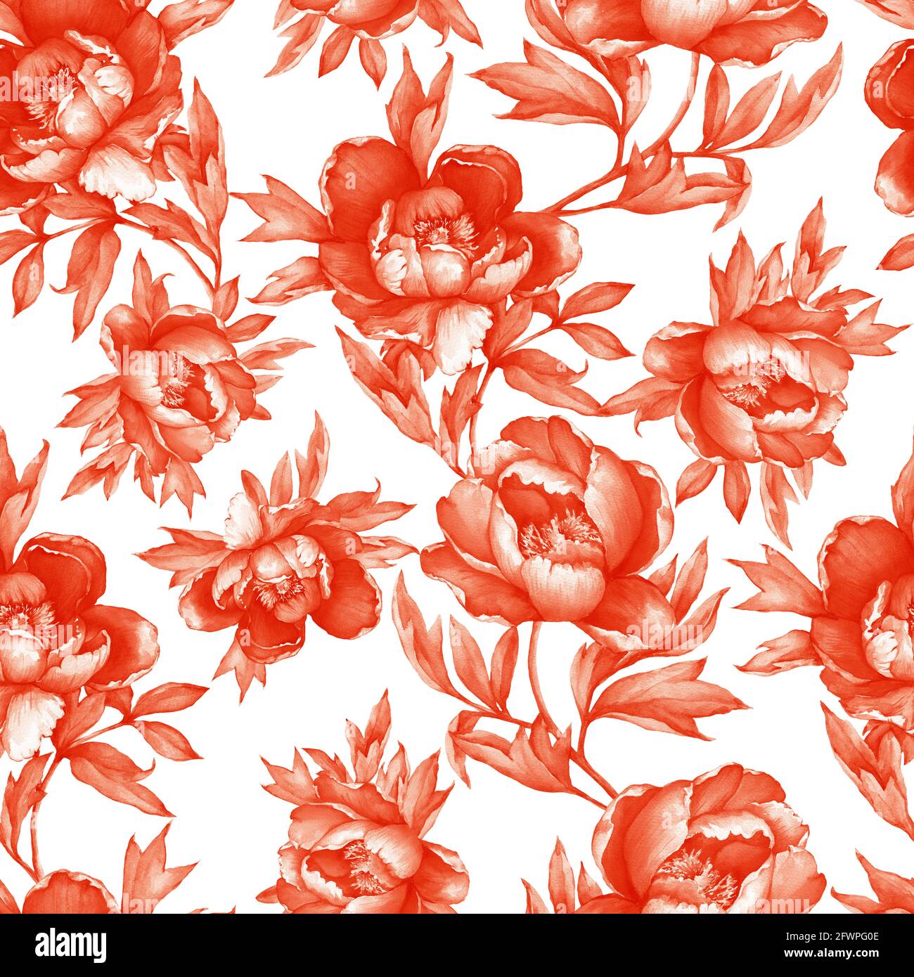 Vintage florale nahtlose rot-braune monochrome Muster mit blühenden Pfingstrosen, auf weißem Hintergrund. Aquarell handgezeichnete Malerei Illustration. Isolieren Stockfoto