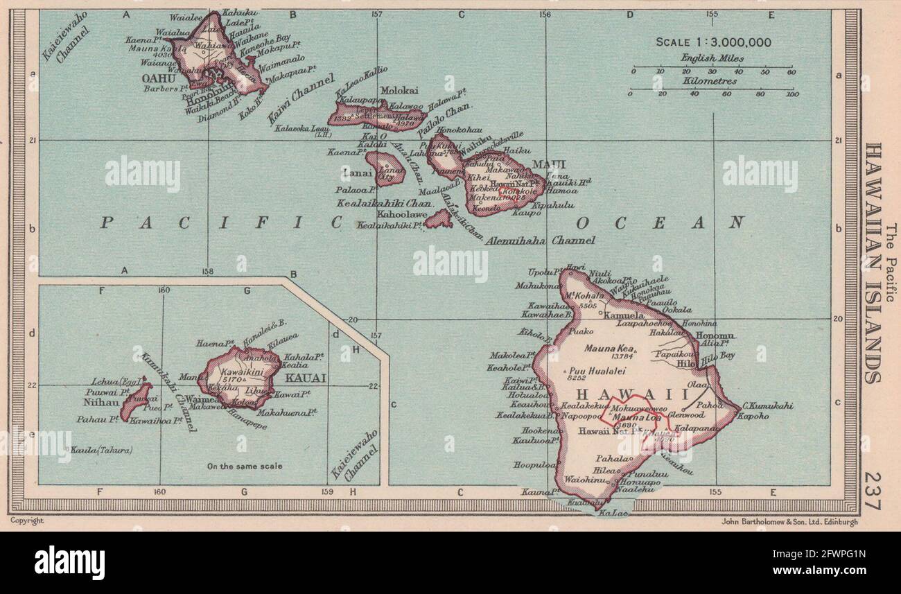 Hawaiianische Inseln. Maui Oahu Kauai. BARTHOLOMEW 1949 alte Vintage Map Plan Chart Stockfoto