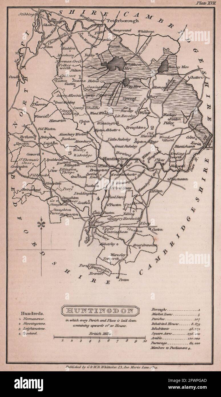 Huntingdonshire antike Kupferstich-Grafschaftskarte von Benjamin Pitts Capper 1825 Stockfoto