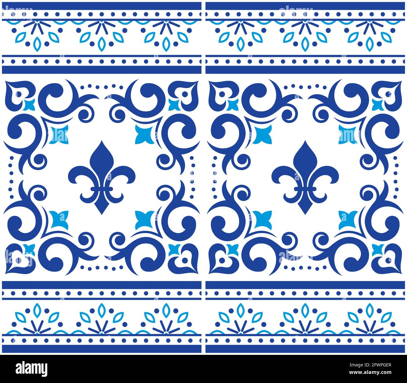 Azulejo Fliesen nahtloses Vektor-Muster - Lissabon Luxus-Stil, ornamentales Design mit Rand oder Rahmen von Kunst aus Portugal mit Fluer de Lis an inspiriert Stock Vektor