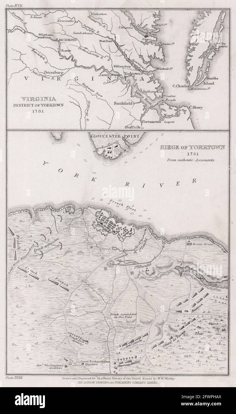 Belagerung von Yorktown 1781. Virginia Umgebung von Yorktown. WOOLLEY 1863 alte Karte Stockfoto