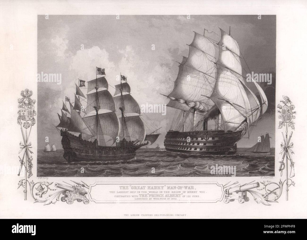 Henry VIII's Great Harry man-of-war & HMS Prince Albert (1854). TALLIS c1855 Stockfoto