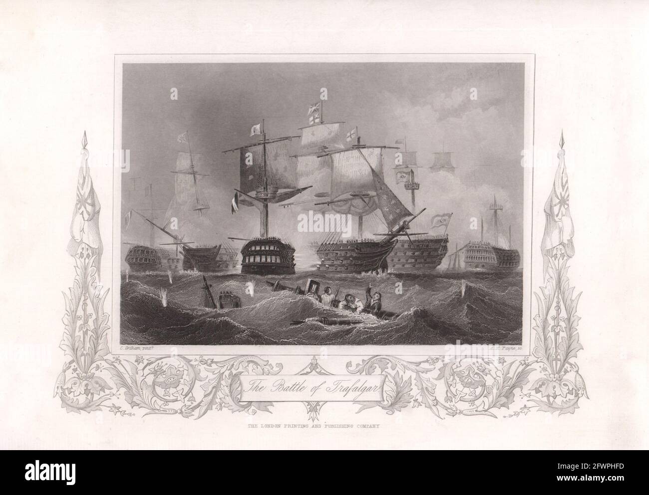 Die Schlacht von Trafalgar 1805. TALLIS c1855 altes antikes vintage Druckbild Stockfoto