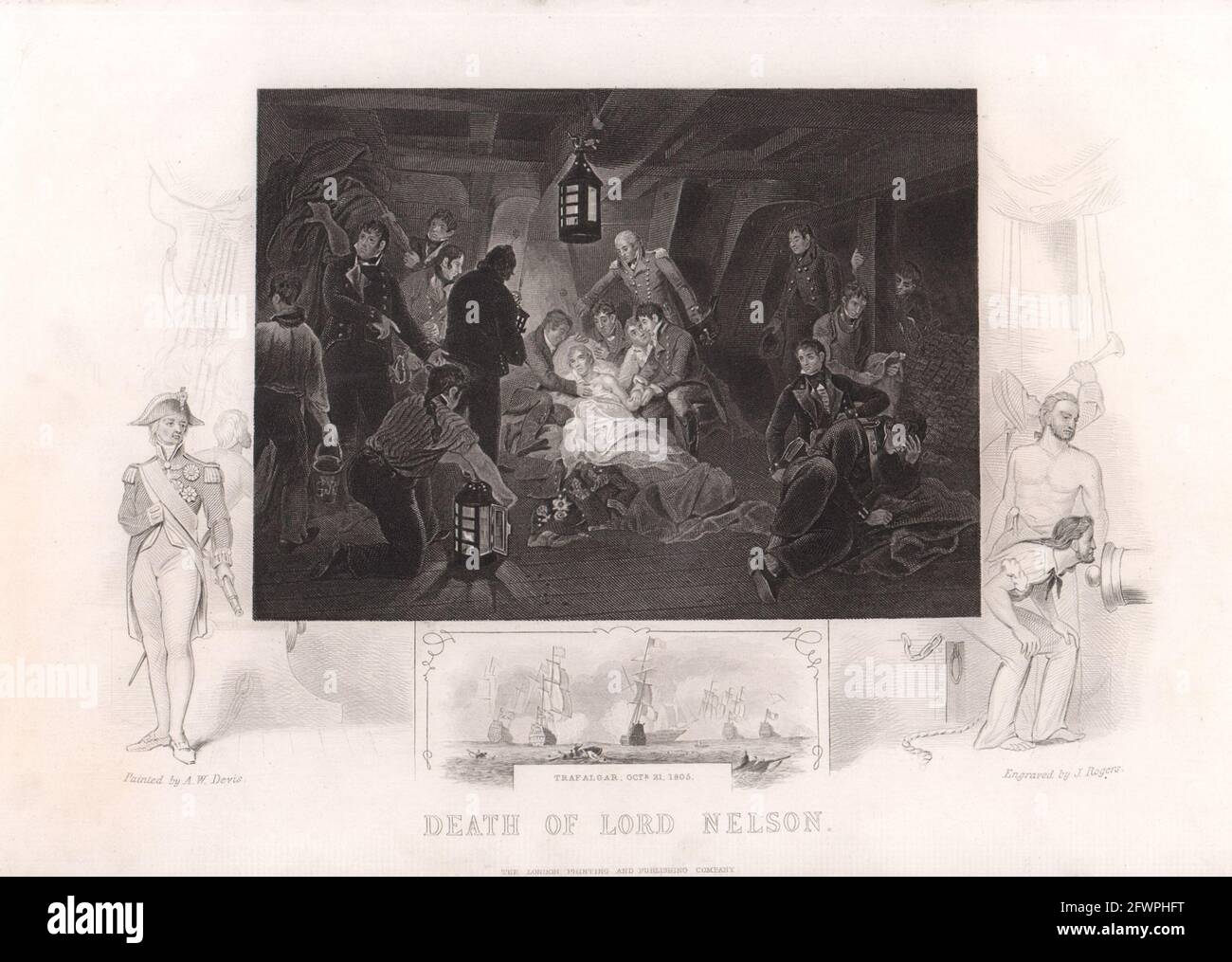 Der Tod von Lord Nelson, Schlacht von Trafalgar, 1805. TALLIS c 1855 alte Drucken Stockfoto