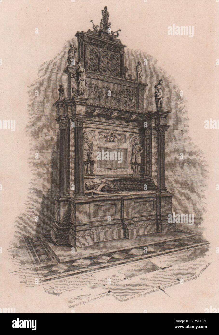 Sutton's Tomb, The Charterhouse, London. Antiker gravierter Druck 1817 alt Stockfoto