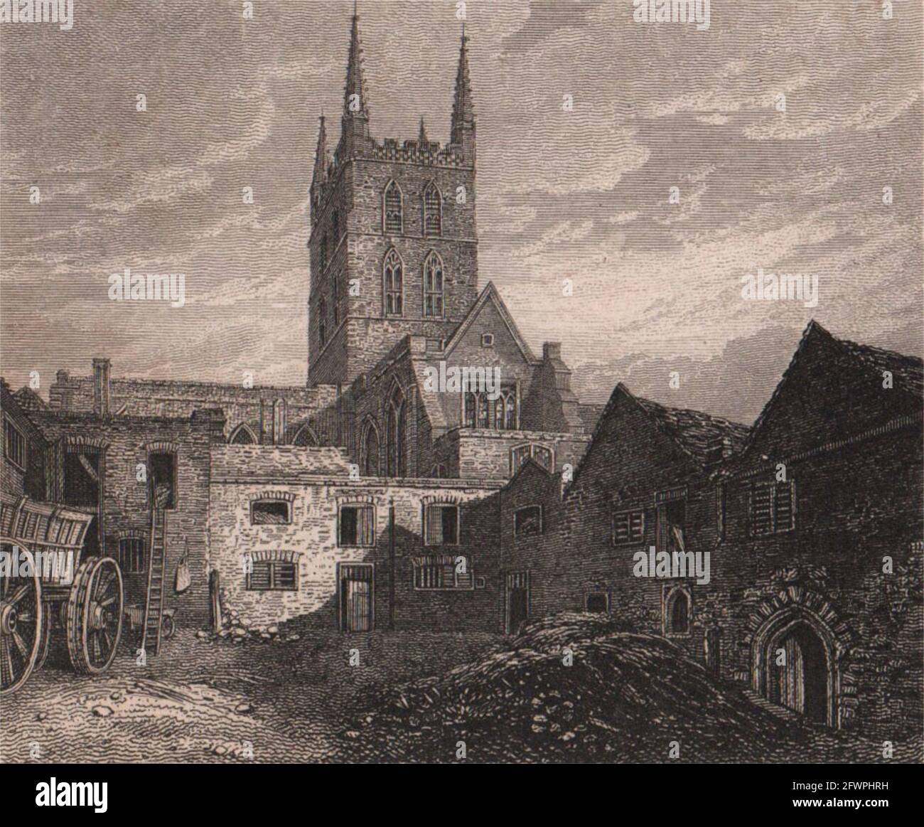St. Mary Overie Church, Southwark Cathedral, London. Antiker gravierter Druck 1817 Stockfoto