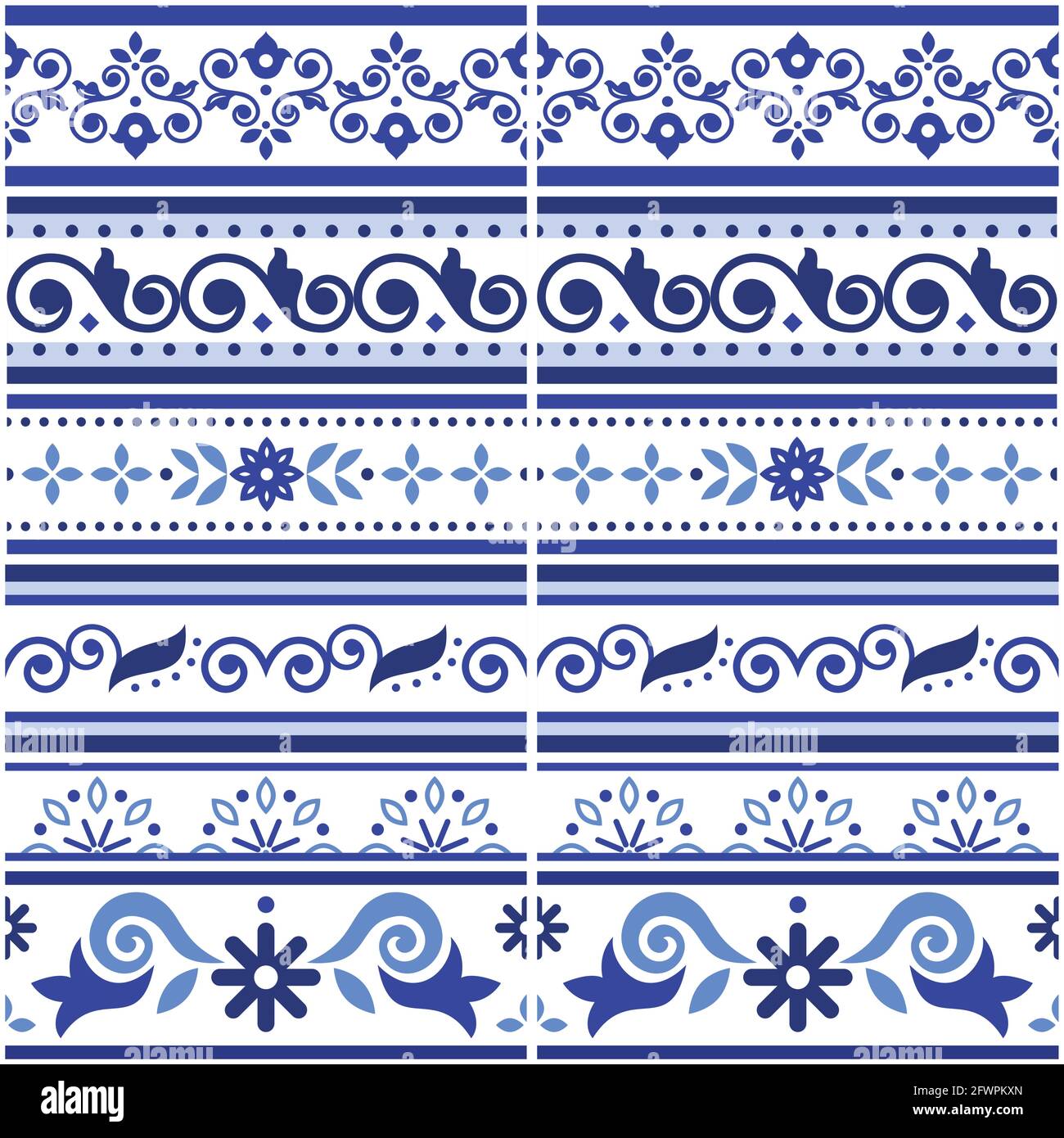 Lissabon-Stil Azulejo Fliesen nahtlose Vektor-Grenze oder fram Musterkollektion, Retro marineblau Design-Set von der Kunst aus Portugal mit Blumen und inspiriert Stock Vektor