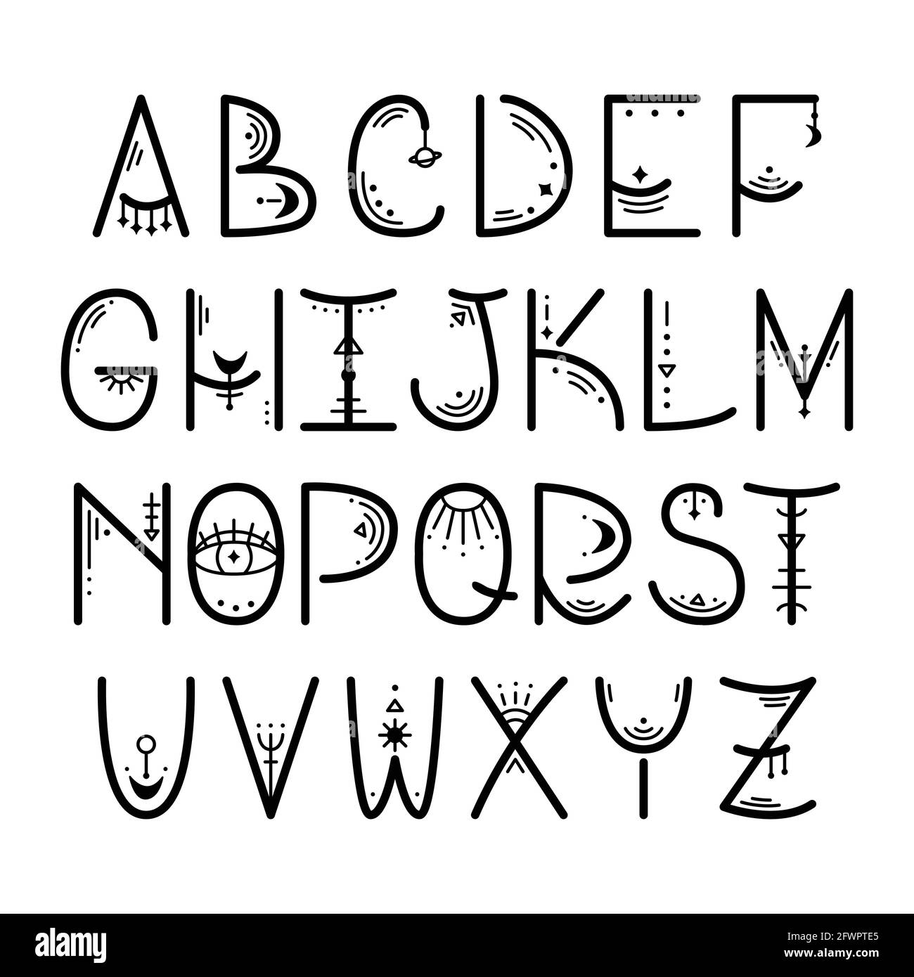 Englisches Alphabet im geheimnisvollen astrologischen Stil. Magische Umrissbuchstaben. Stock Vektor