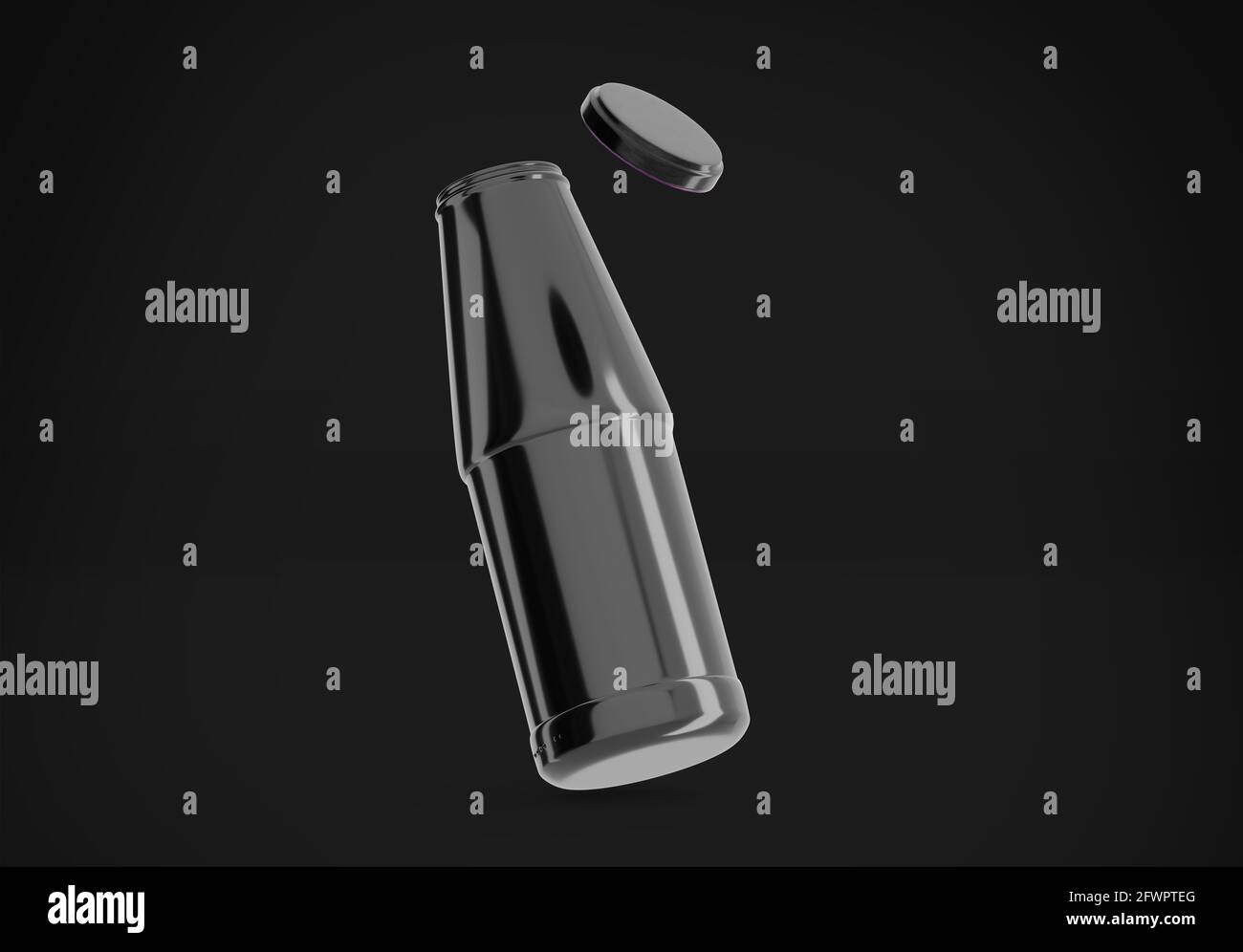 Mockup aus schwarzer Saftflasche ohne Etikett, 3d-Rendering auf dunklem Hintergrund, Frischsaftpaket-Design Stockfoto