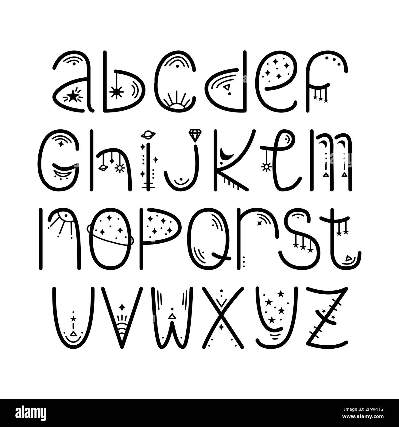 Englisches Alphabet im geheimnisvollen astrologischen Stil. Magische Umrissbuchstaben. Stock Vektor