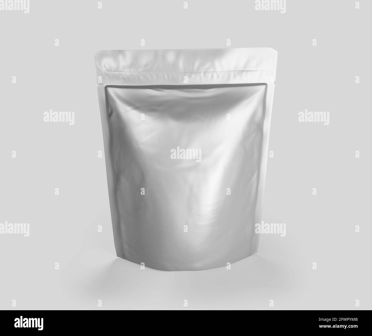 Leere Folienbeutel-Kaffeebeutel aus Kunststoff, weißer Aluminium-Kaffee oder Saft-Paket 3d-Rendering isoliert auf hellem Hintergrund Stockfoto