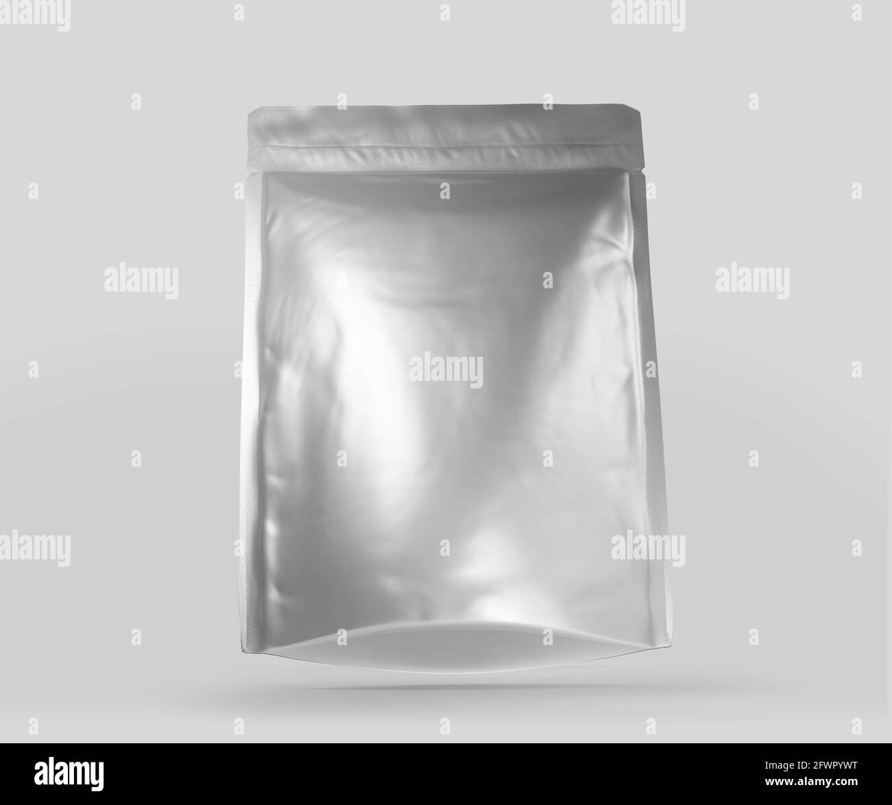 Leere Folienbeutel-Kaffeebeutel aus Kunststoff, weißer Aluminium-Kaffee oder Saft-Paket 3d-Rendering isoliert auf hellem Hintergrund Stockfoto