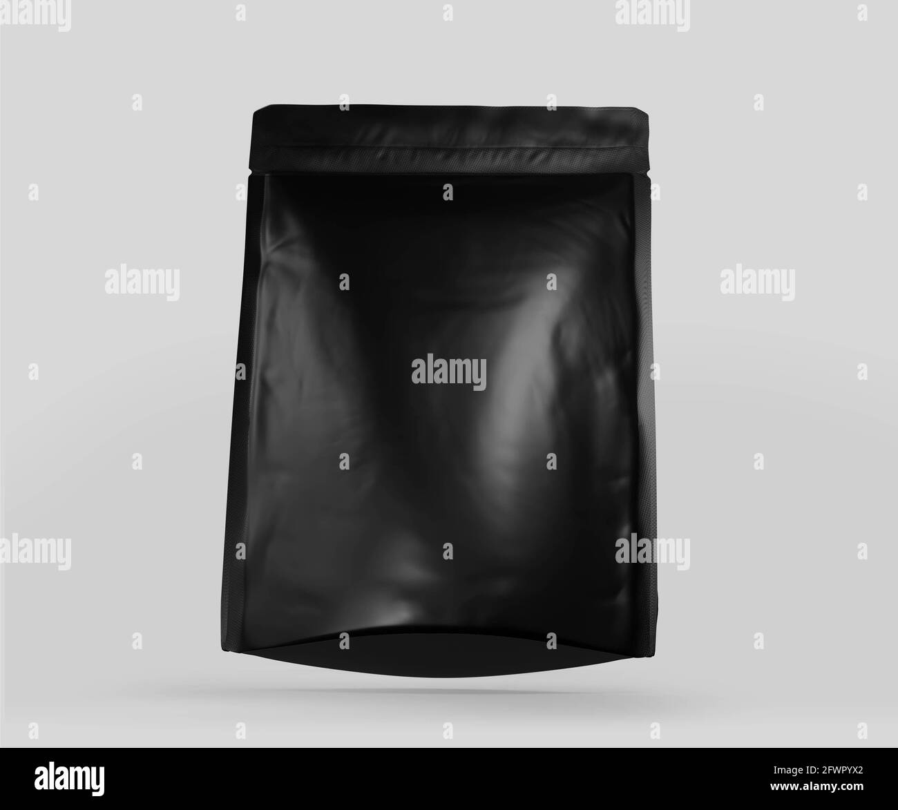 Schwarzer Folienbeutel aus Kunststoff, Kaffeetasche aus dunklem Aluminium oder Juice-Paket, 3d-Rendering isoliert auf hellem Hintergrund Stockfoto