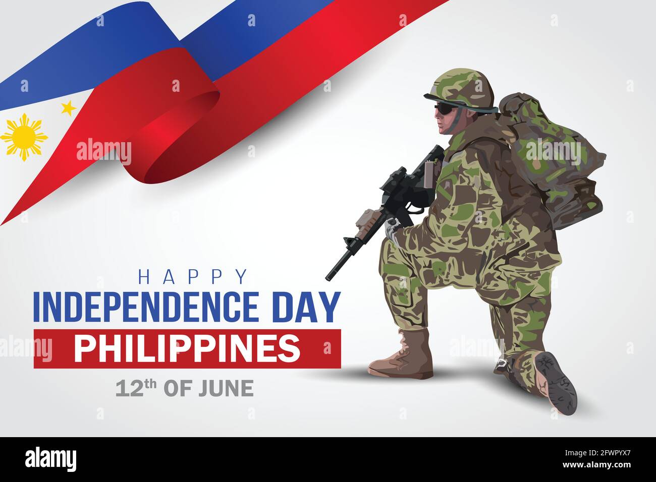 Illustration des 12. juni Hintergrund für Happy Independence Day Philippinen. Ein Soldat mit Waffe und Flagge. Vektorgrafik. Stock Vektor