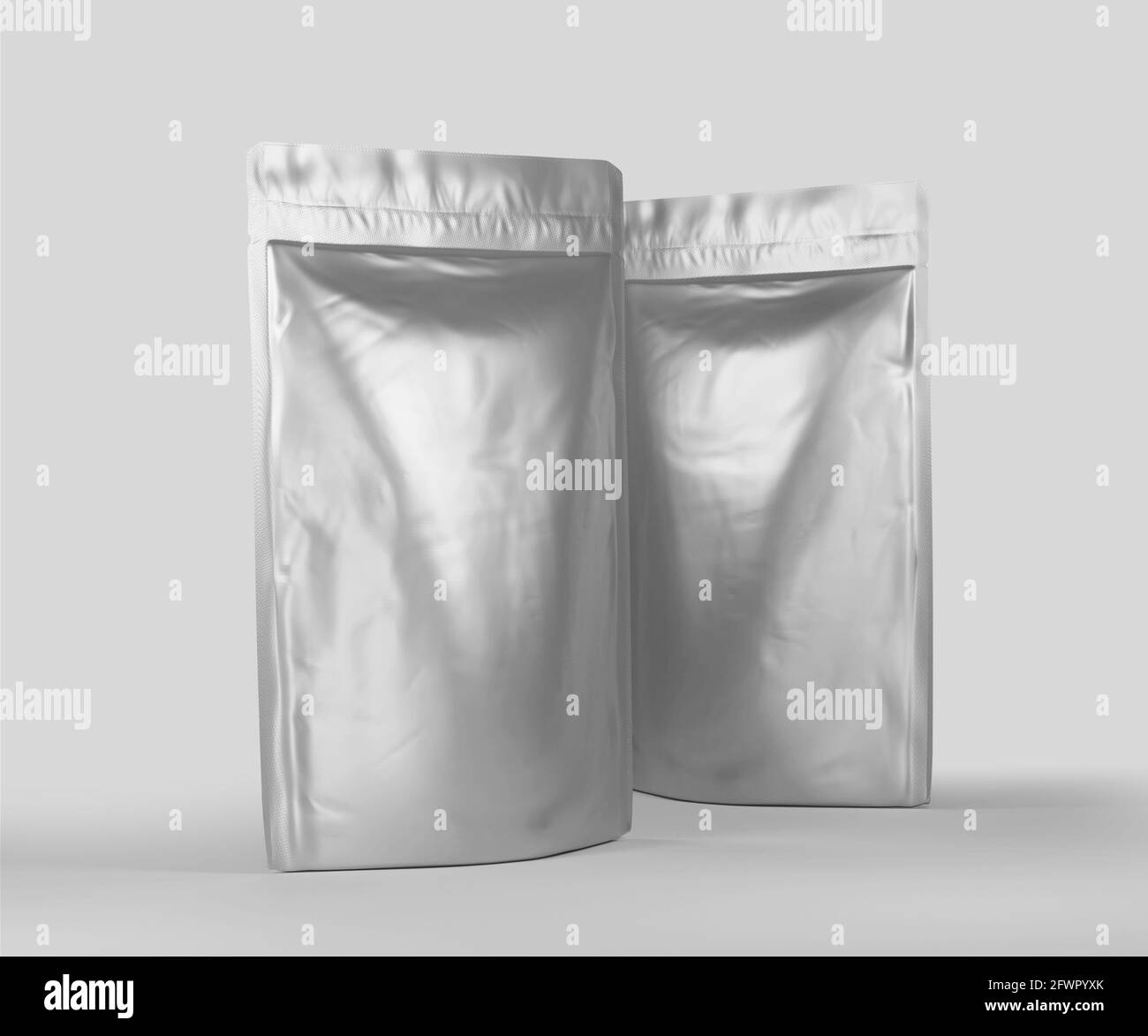 Leere Folienbeutel-Kaffeebeutel aus Kunststoff, weißer Aluminium-Kaffee oder Saft-Paket 3d-Rendering isoliert auf hellem Hintergrund Stockfoto