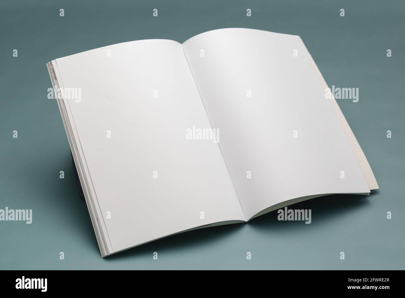 Komposition eines geöffneten Buches mit leeren Seiten auf blauem Hintergrund Stockfoto