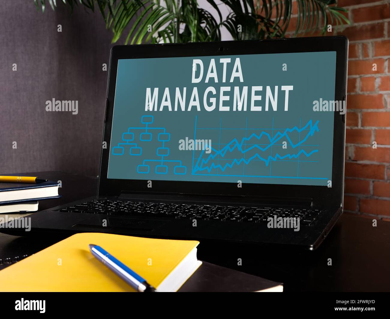 Daten-Management-Informationen auf dem Laptop-Bildschirm. Stockfoto