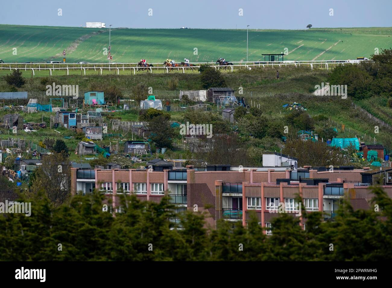 Eine allgemeine Ansicht, wie sich Läufer in den Watch Free Race Replays auf attheraces.com Handicap auf der Brighton Racecourse zubewegen. Bilddatum: Montag, 24. Mai 2021. Stockfoto