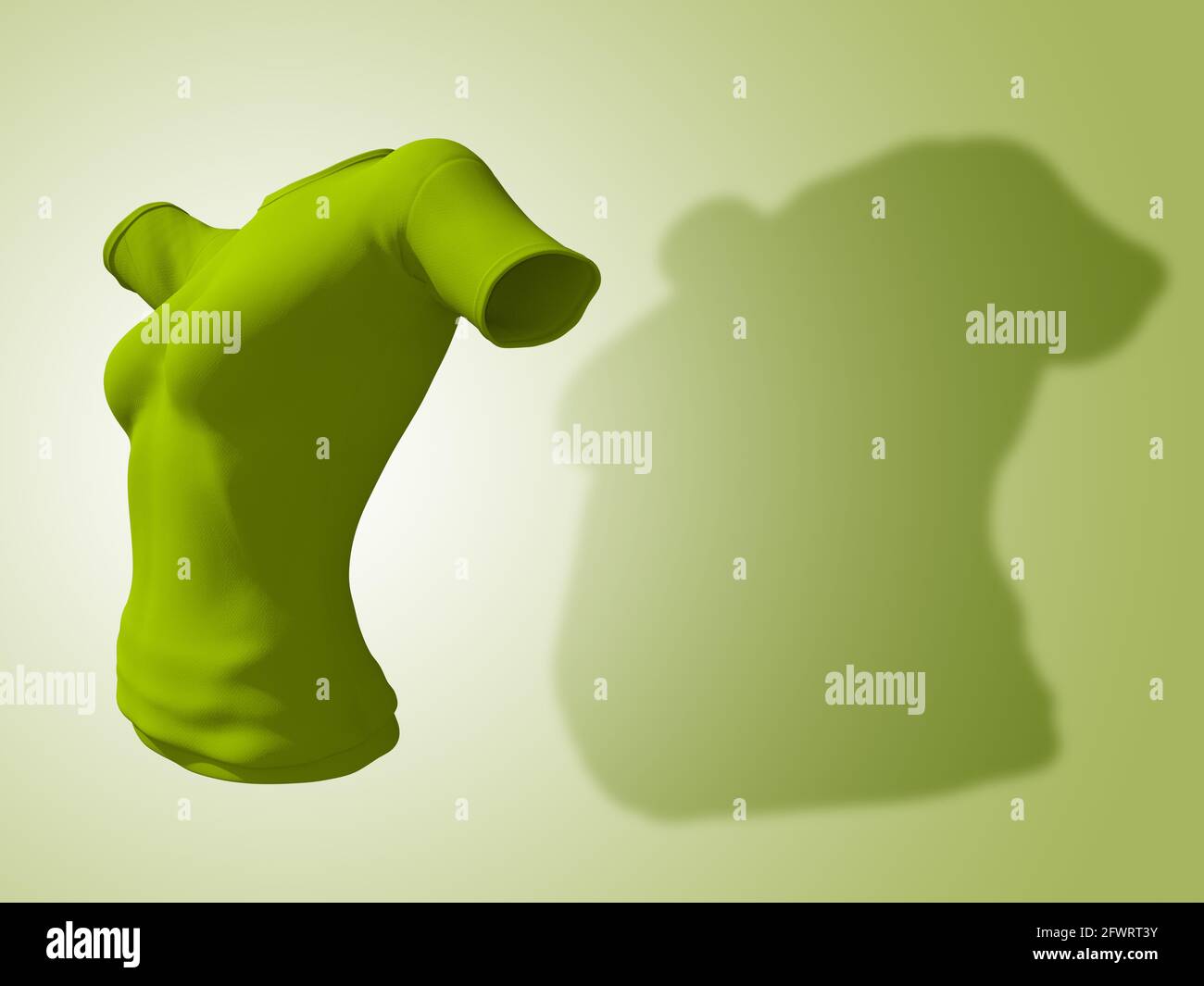Conceptual Fett übergewichtig fettleibig Schatten weibliche Bluse Outfit vs schlank fit gesunden Körper nach Gewichtsverlust oder Diät dünne junge Frau auf grün. Ein Fitness, n Stockfoto
