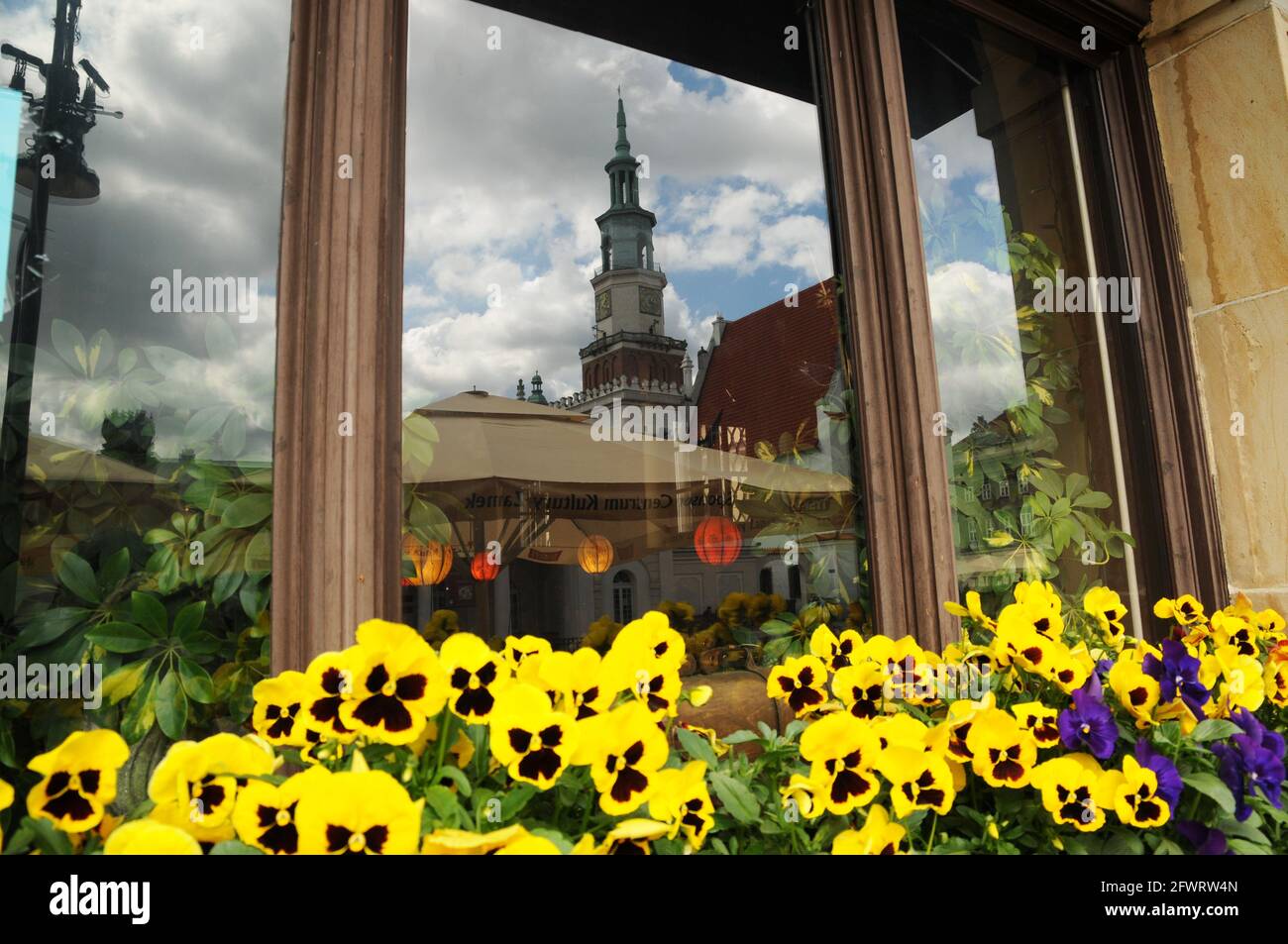 Riflesso in una fetrina della piazza principale di Poznan Stockfoto