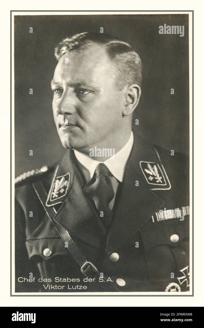 1930er Jahre NS-Porträt von Viktor Lutze Chef des Stabes der SA war ein Funktionär der deutschen Nazi-Partei und der Kommandant der Sturmabteilung als Nachfolger von Ernst Röhm als Stabschef und Reichsleiter. Er starb an Verletzungen, die er bei einem Autounfall erlitten hatte. Lutze erhielt am 7. Mai 1943 in Berlin eine aufwendige staatliche Beerdigung Stockfoto