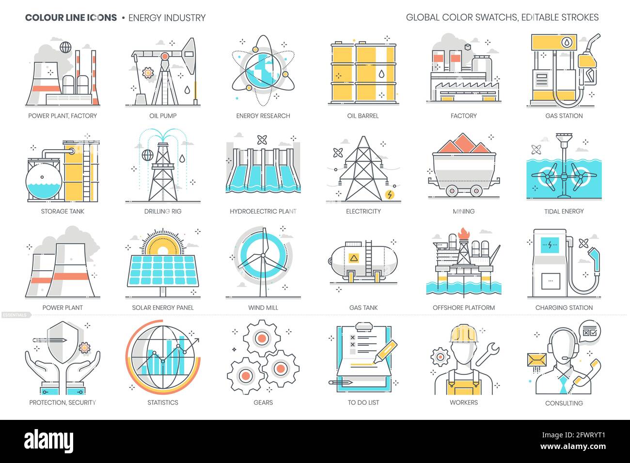 Im Zusammenhang mit der Energiewirtschaft, Farblinie, Vektorsymbol, Illustrationssatz Stock Vektor
