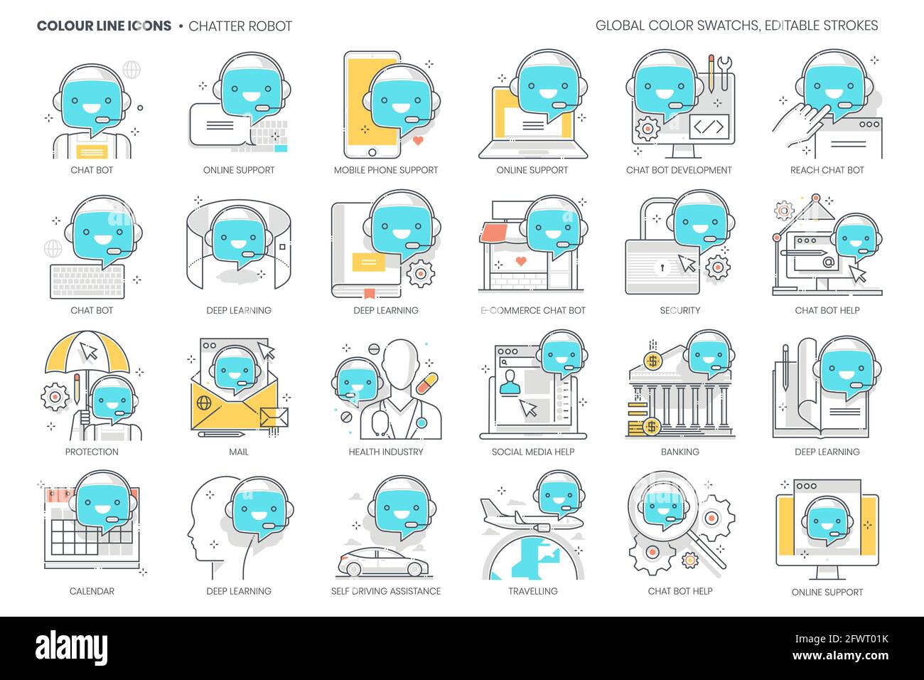 Chatter-Roboter bezogen, Farblinie, Vektorsymbol, Illustrationssatz Stock Vektor