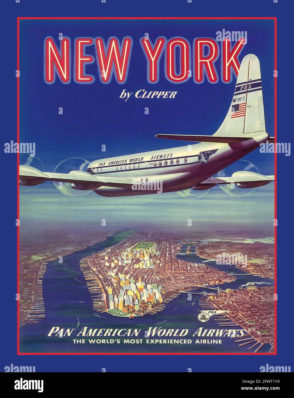 PAN AM 1950s New York USA von Clipper - Boeing 377 Über Manhattan Island - Pan American World Airways - Vintage Airline Travel Poster um 1950 Stockfoto