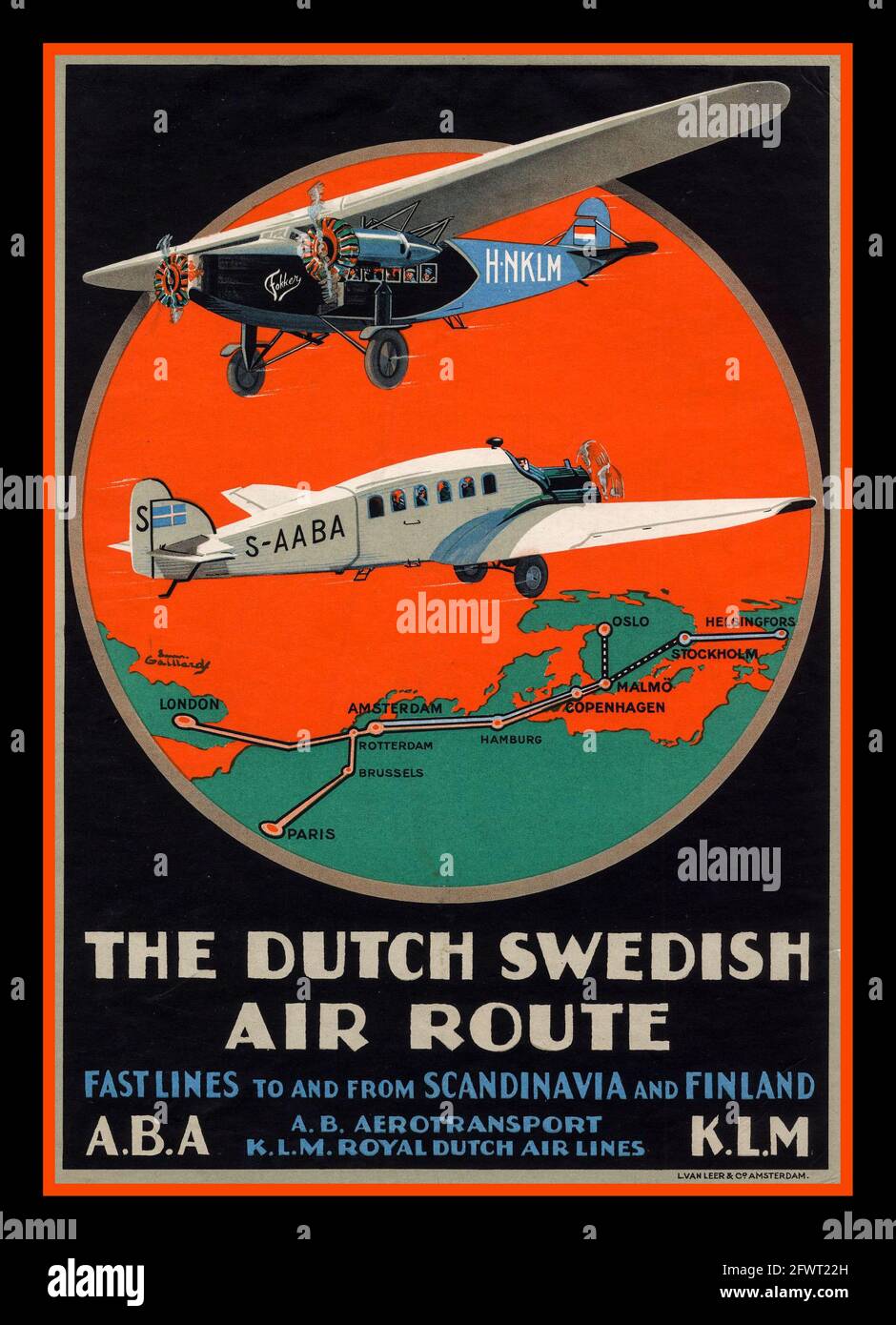 Poster-Flugreisen der 30er Jahre nach und von Skandinavien und Finnland 1930 DIE HOLLÄNDISCHE SCHWEDISCHE FLUGSTRECKE. FASTLINES VON UND NACH SKANDINAVIEN UND FINNLAND. A.B.A & K.L.M Stockfoto