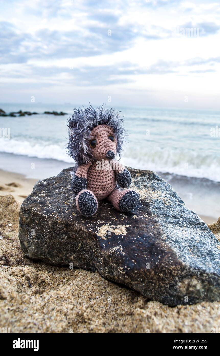 Gestrickter Igel am Meer. Gehäkelte Spielzeug Urlaub Foto. Stockfoto