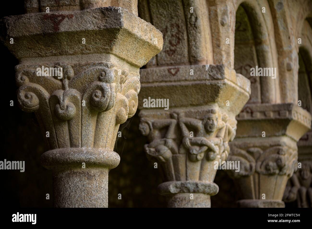 Innenkloster der Kathedrale La Seu d'Urgell. Detail der Hauptstädte (Alt Urgell, Katalonien, Spanien, Pyrenäen) Stockfoto