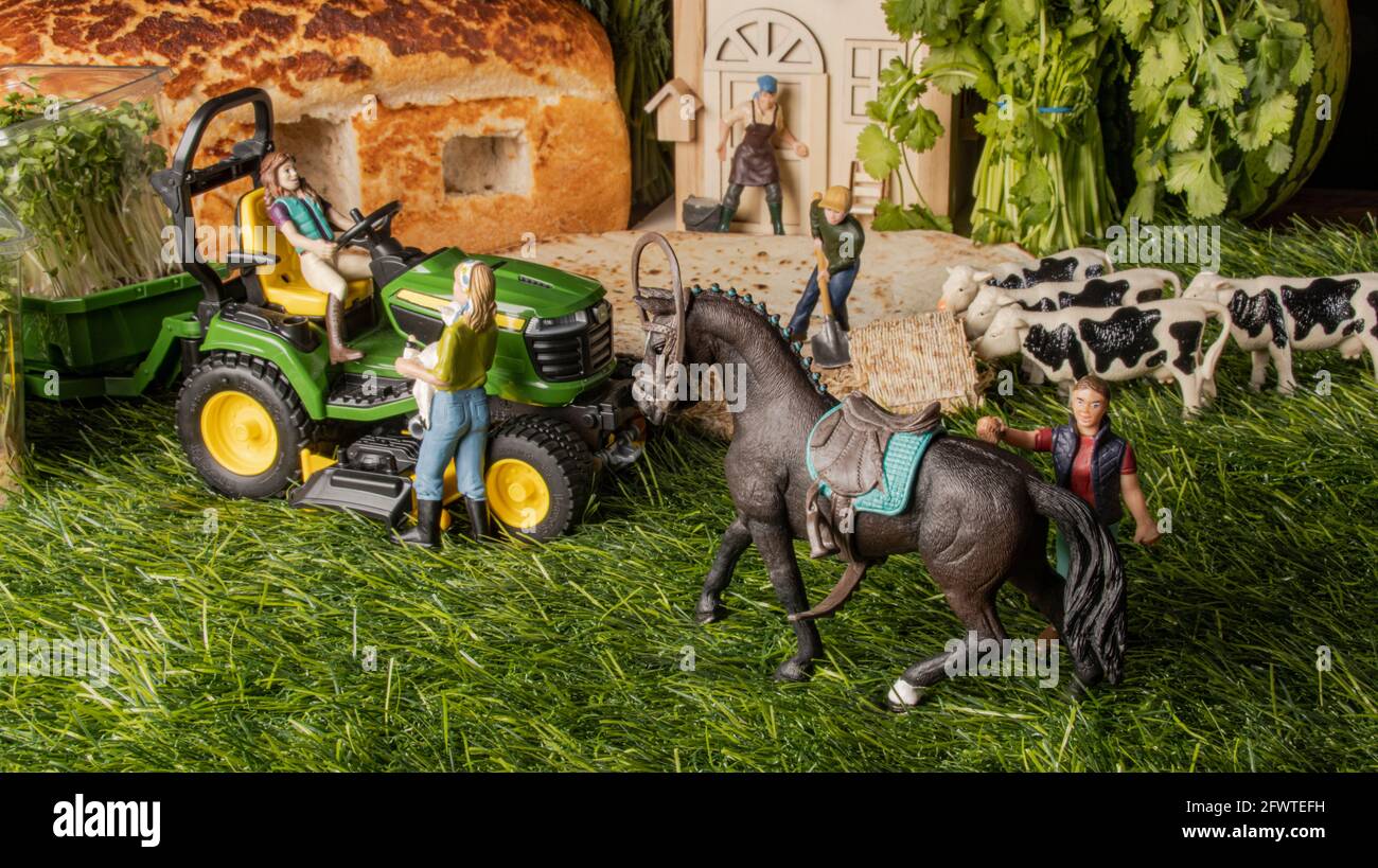 Miniaturfiguren auf einem Bauernhof. Ein Mädchen, das Pferd, ein Mann und eine Frau in der Nähe des Traktors, jemand, der die Kühe füttert, das Bauernhaus im Hintergrund. Stockfoto