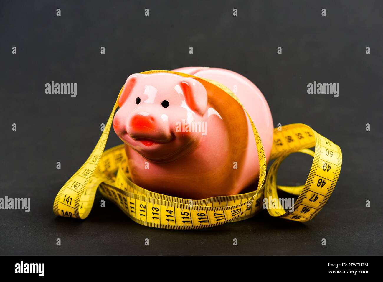 Eingeschränkt oder eingeschränkt. Kreditkreditschuld. Sparschwein und Maßband. Konzept der Budgetbegrenzung. Finanzberatung. Wirtschaft und Finanzen. Schweinefalle Stockfoto