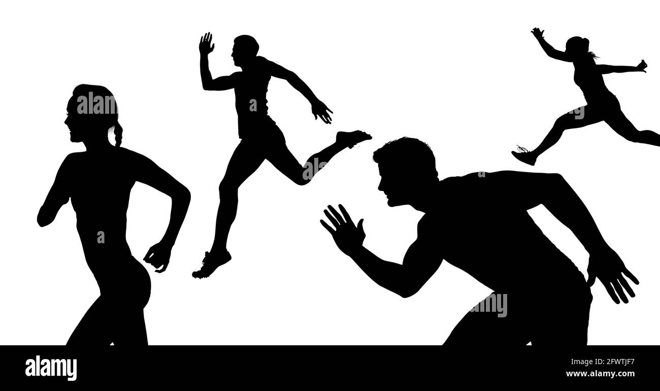 Zusammensetzung der Gruppe von sportlichen männlichen und weiblichen Silhouetten beim Laufen Auf weißem Hintergrund Stockfoto
